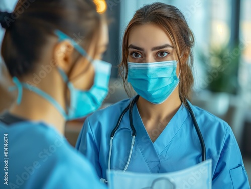 Two women wearing blue scrubs and masks are talking to each other. One of them is holding a clipboard