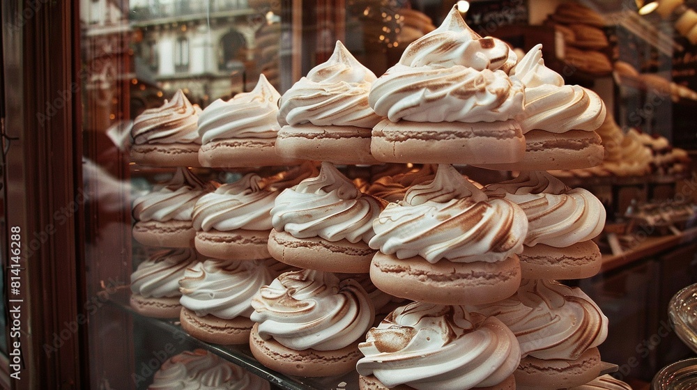 A bakery's display showcases white frosted cookies and cupcakes stacked above them A bakery's display showcases white frosted cookies and cupcakes stacked above them