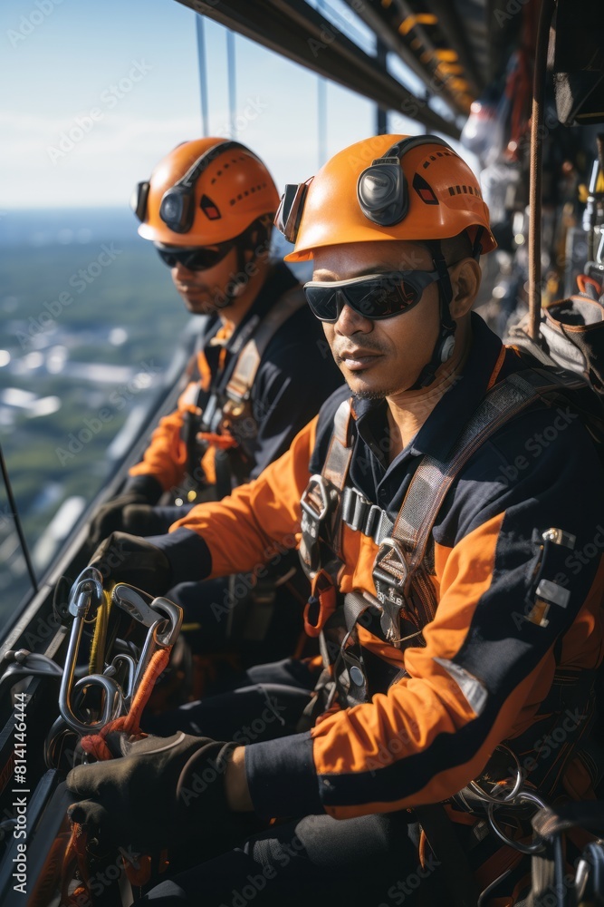 A team of industrial rope access specialists working on a large construction project A team of industrial rope access specialists working on a large construction project