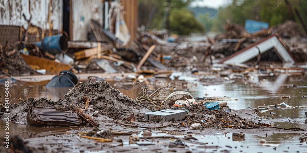 Fototapeta premium Flood aftermath with debris and mud in devastated area