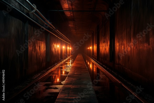 Dark railway tunnel illuminated by red lights creating a moody and enigmatic scene