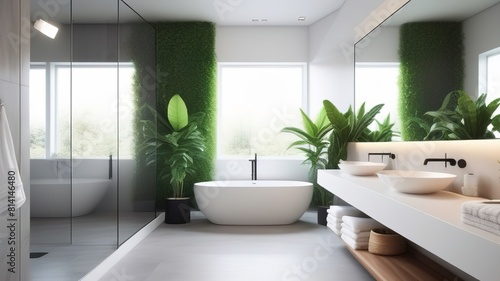 Stylish bathroom interior with modern tub and beautiful houseplants. Home design  cozy home  shower