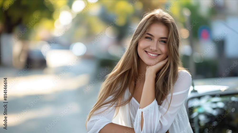 A young woman smiling while sitting on a street. A young woman smiling while sitting on a street.