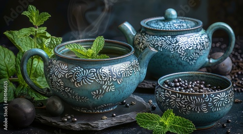 Teapot and Two Cups Filled With Green Tea