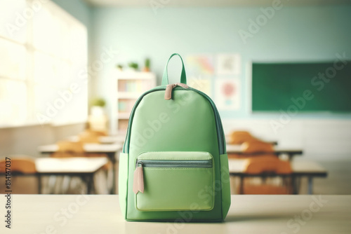 Sleek green backpack stands on a desk in a softly blurred classroom symbolizing readiness and a new beginning in education. Concept Back to school