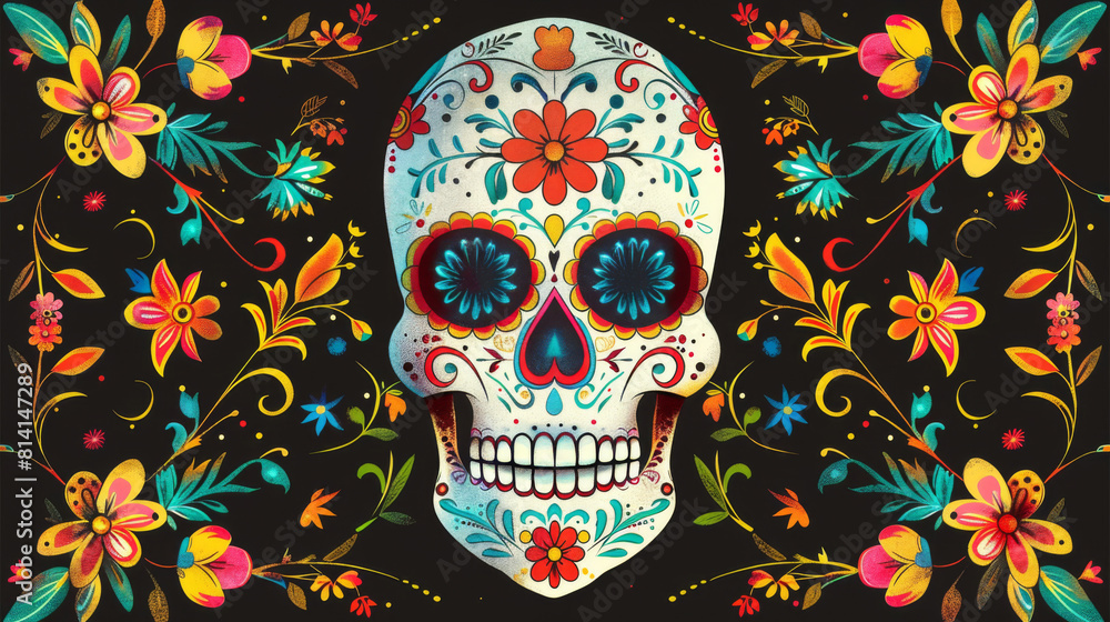 skull with flowers on black background. Dia de los Muertos en Mexico skull with flowers on black background. Dia de los Muertos en Mexico