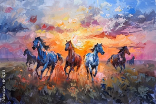 Sunset scene: equestrian art mural featuring galloping horses in oil paint