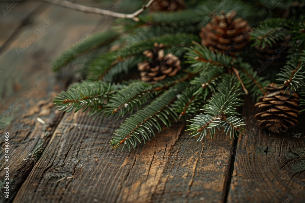 Closeup of rustic Christmas tree branch decorations with pine cones arranged on a weathered table Closeup of rustic Christmas tree branch decorations with pine cones arranged on a weathered table