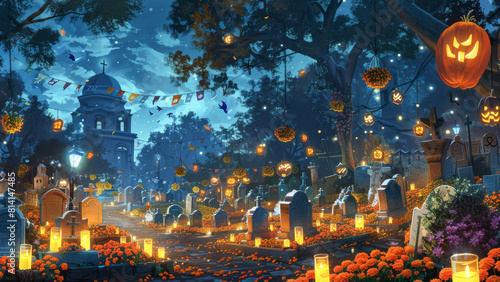 Cemetery Night  A beautiful scene of a cemetery at night  illuminated by candles  with gravestones decorated with marigolds and papel picados fluttering in the wind