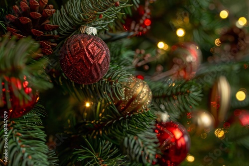 A closeup of a Christmas tree adorned with red and gold ornaments, creating a festive and elegant holiday display