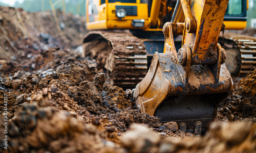 A close-up of an excavator working on a construction site, its shovel digging into the ground, digging up the ground as part of earthworks. A close-up of an excavator working on a construction site, its shovel digging into the ground, digging up the ground as part of earthworks.