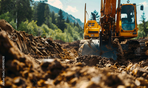 A close-up of an excavator working on a construction site, its shovel digging into the ground, digging up the ground as part of earthworks. photo