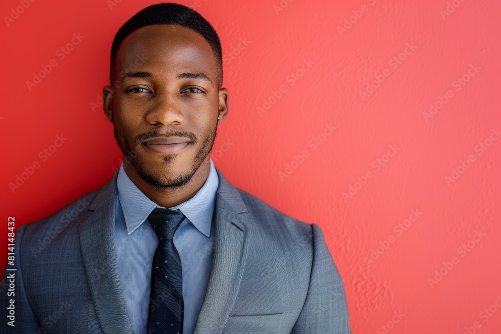 A black man in a suit confidently poses against a red background A black man in a suit confidently poses against a red background