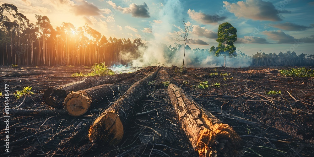 Sunset over deforested land, smoke rises from burning trees. Sunset over deforested land, smoke rises from burning trees.