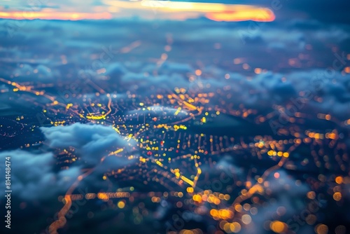 Aerial view of a city at night with glowing lights and streaks seen from an airplane