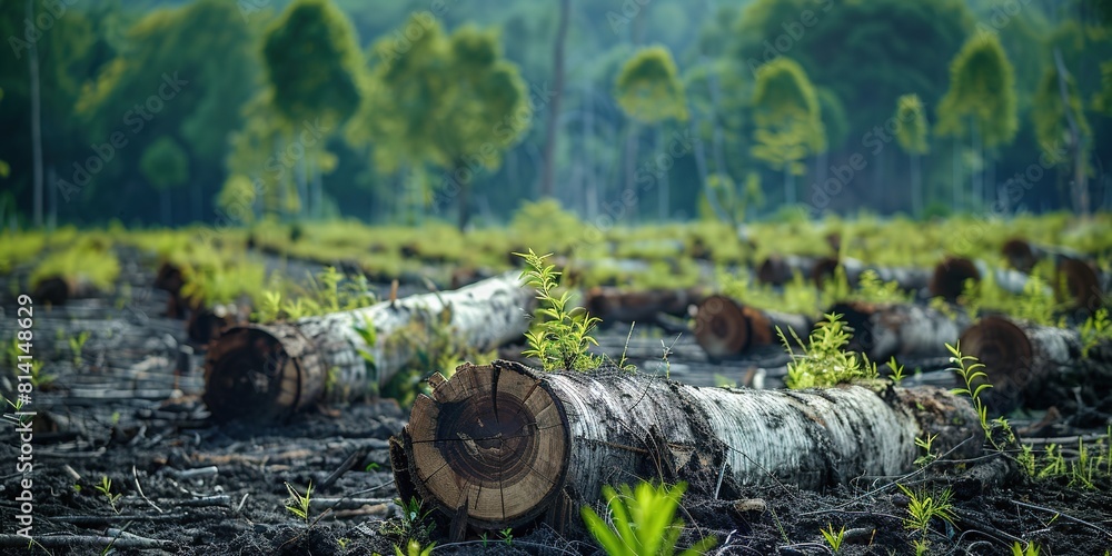 Deforestation concept, fallen trees, sprouts emerging in forest Deforestation concept, fallen trees, sprouts emerging in forest