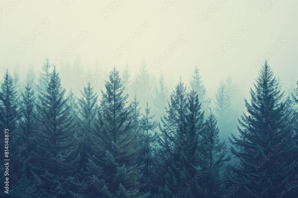 Mist surrounds a dense fir forest with pine trees in the background, creating a vintage retro vibe in the landscape Mist surrounds a dense fir forest with pine trees in the background, creating a vintage retro vibe in the landscape