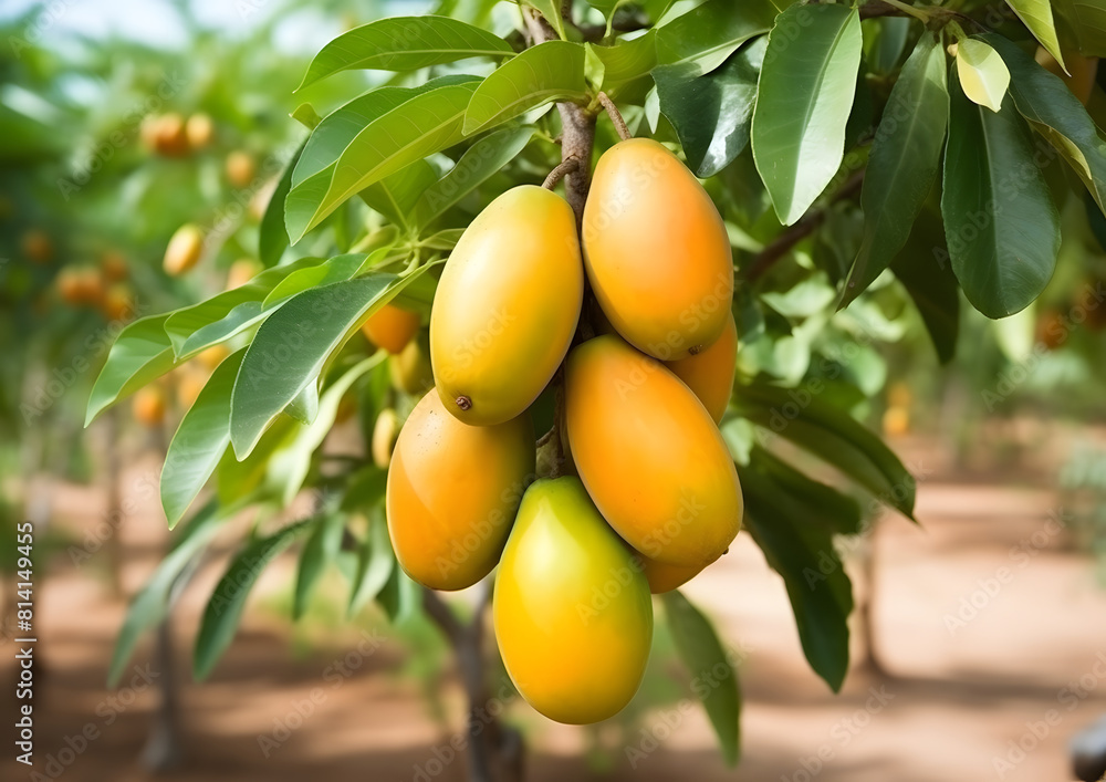 Fresh mangoes hanging on a tree, close-up agricultural shot. Natural food and agriculture concept. Design for educational material, poster