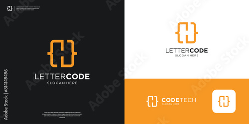 Letter H coding line art logo design template.