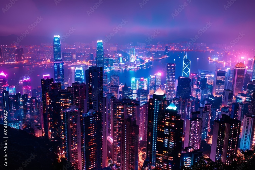 The city of Hong Kong glows with neon lights against the dark night sky, creating a futuristic and vibrant cityscape