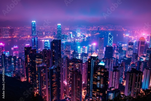 The city of Hong Kong glows with neon lights against the dark night sky  creating a futuristic and vibrant cityscape