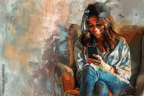 smiling woman sitting on chair using smartphone casual lifestyle portrait digital painting