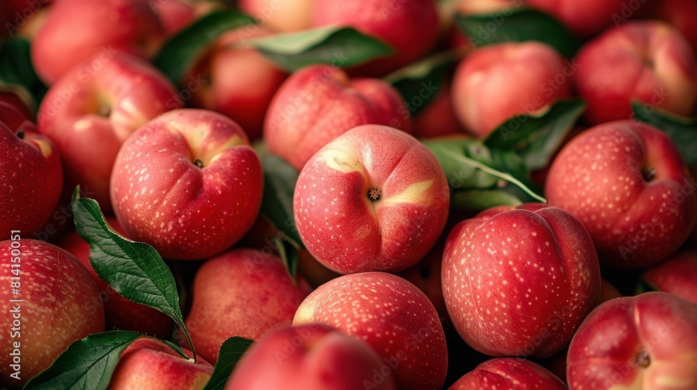   A close-up image of an apple pile with leaves on top, featuring one apple with a bite taken out