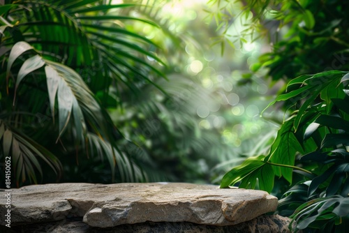 Round gray stone cosmetics product advertising podium stand with tropical leaves background. Empty natural stone pedestal platform to display beauty product. Mockup