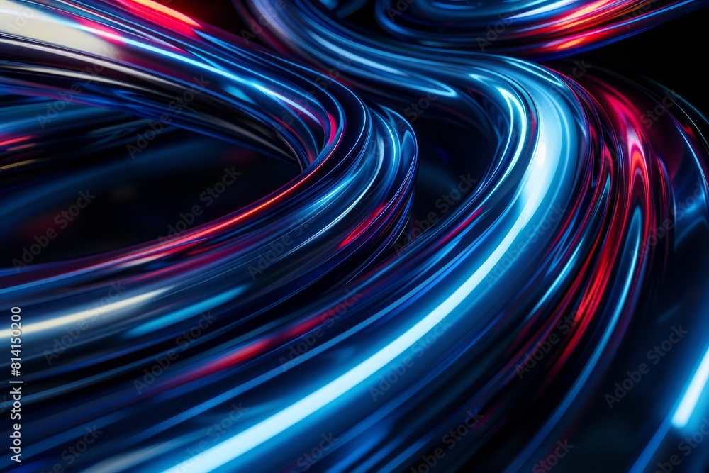 Closeup of neon light streaks in blue and red hues intertwining in dynamic waves on a black background Closeup of neon light streaks in blue and red hues intertwining in dynamic waves on a black background