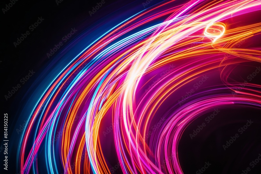 Closeup angled view of colorful light trails moving dynamically against a deep black backdrop Closeup angled view of colorful light trails moving dynamically against a deep black backdrop