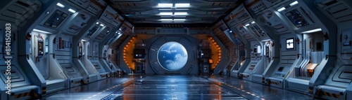 The image shows a futuristic spaceship interior with a large window looking out into space.