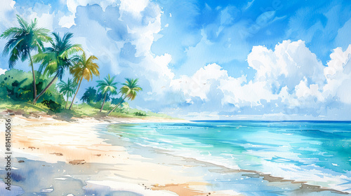 Refreshing oasis  watercolor palm trees on a tropical beach