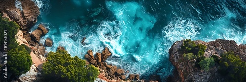 Aerial overview of huge waves crashing into the shore and rocks at Cala Mitjana, Mallorca, overview shot showing the dynamic coastline of the turquoise waters of Mallorca spain photo