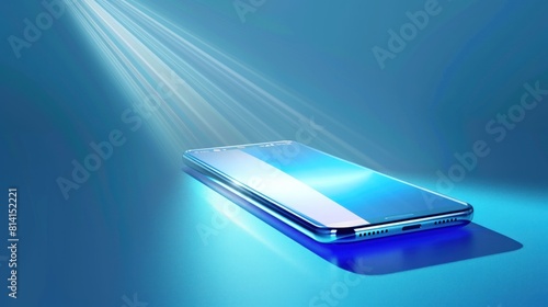 An illustration of an empty smartphone with a sleek, modern design, its screen illuminated by a vibrant blue light.