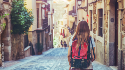 Garota viajante na rua da cidade velha em Espanha. Turista jovem mochileiro em viagem solo. F  rias  feriado  viagem
