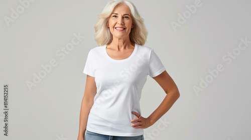 Mulher sorridente de meia idade vestindo camiseta branca em branco com espaço vazio para logotipo ou texto Maquete de camiseta branca em branco photo