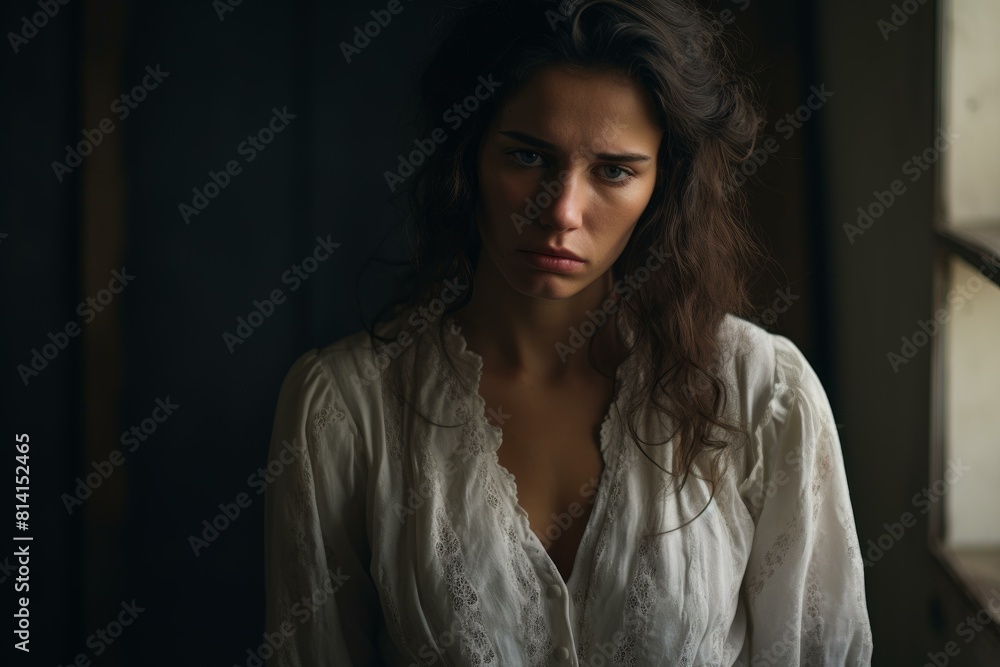 Portrait of a thoughtful young woman with a sad expression in a softly lit room Portrait of a thoughtful young woman with a sad expression in a softly lit room