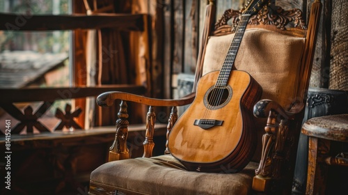 acoustic guitar and wooden armchair