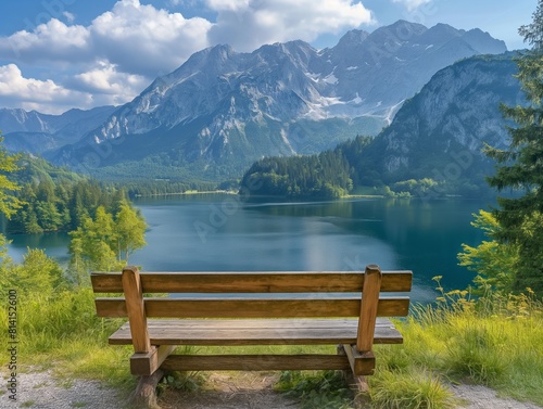 A wooden bench sits on a grassy hillside overlooking a lake. The scene is peaceful and serene, with the mountains in the background adding to the sense of tranquility. The bench is empty © MaxK