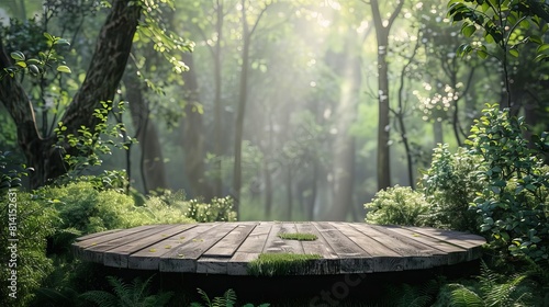 The wooden platform is in the middle of the forest