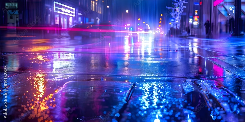 Dark urban scene with neon lights reflecting on wet pavement at night. Concept Night Photography, Urban Landscape, Neon Lights, Moody Ambiance, Cityscape