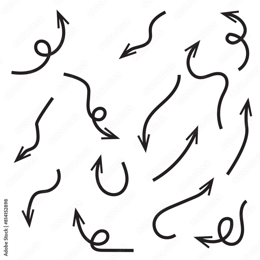 Vector hand drawn arrows. Set of black flat different direction arrows Vector hand drawn arrows. Set of black flat different direction arrows
