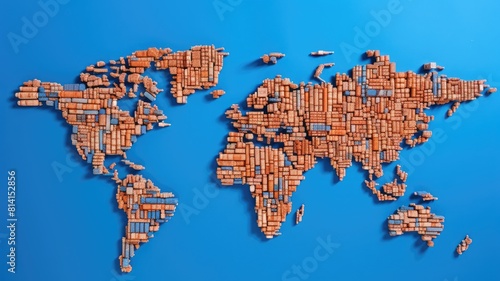 World map constructed from colorful shipping containers. The containers are arranged on a flat  blue background to depict the continents and oceans of Earth. World map made from container. AIG35.