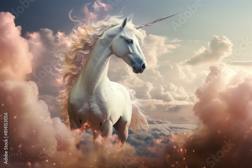 Illustration of a mythic unicorn with a glistening mane amidst a dreamy cloud-scape