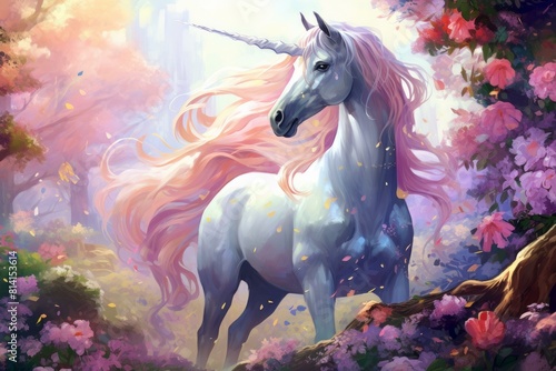 Digital art of a majestic unicorn in a vibrant  floral woodland scene