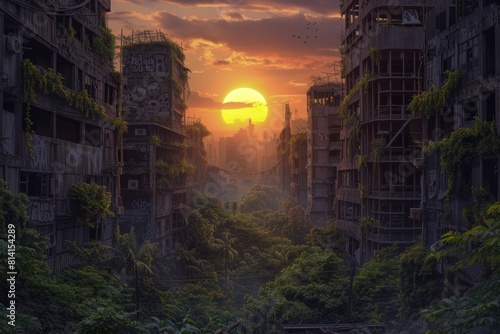 Sunrise brings light to an overgrown cityscape, where nature reclaims abandoned buildings in a scene of serene post-apocalyptic beauty. Resplendent. photo