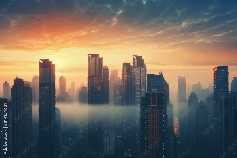 Dramatic cityscape at dusk, skyscrapers silhouetted against a vibrant sunset sky Dramatic cityscape at dusk, skyscrapers silhouetted against a vibrant sunset sky