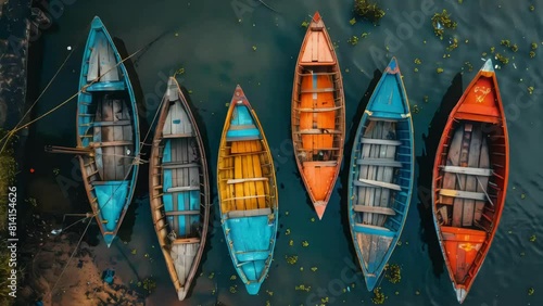 A row of colorful boats floating on a body of water photo