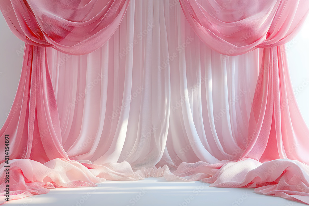 Elegant pink and white curtains in a soft light. Graceful pink and white fabric drapes create a delicate and romantic setting, highlighted by soft natural lighting