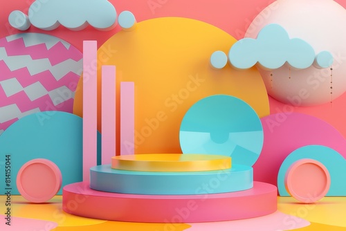 Colorful abstract 3D background with podium and geometric shapes for product display